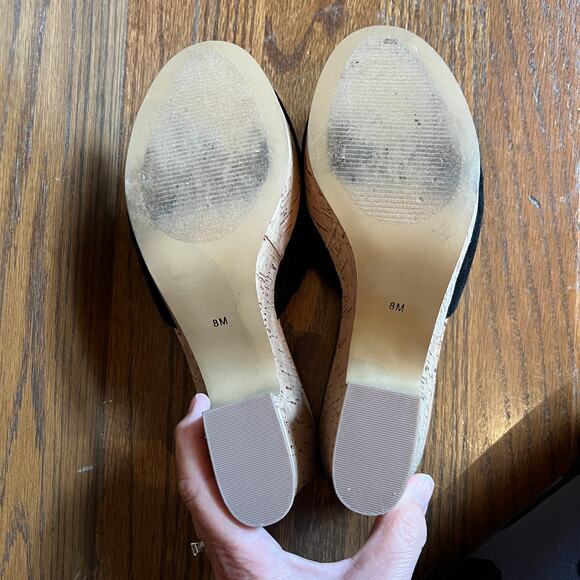 Neiman Marcus Black Suede Cork-Heeled Platform Sandals- SIZE 8M - Picture 6 of 11